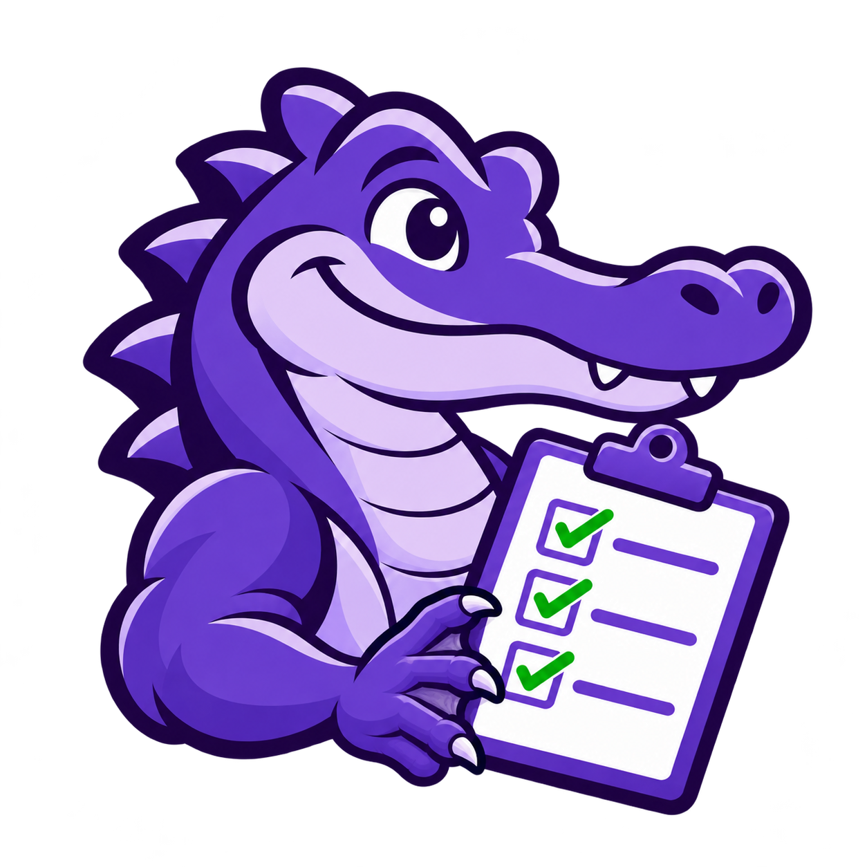 KEEN's purple alligator holding an evidence checklist