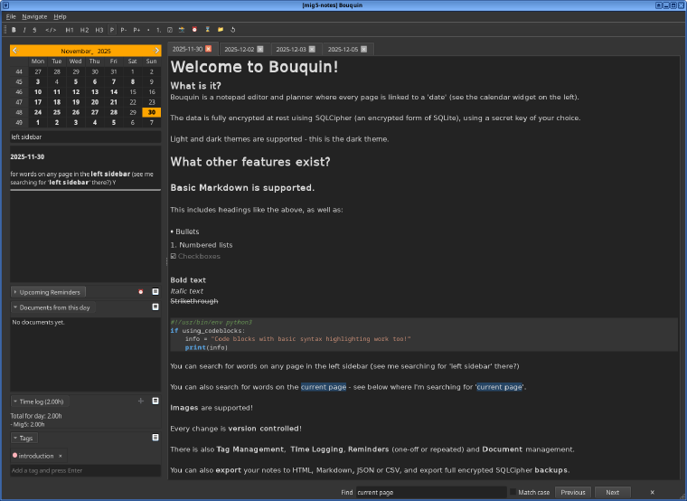 Bouquin's main window showing a daily page with markdown rendering, a calendar, and a sidebar