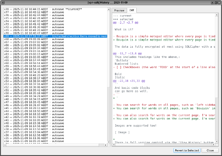 The History dialog showing a diff between two revisions of a page