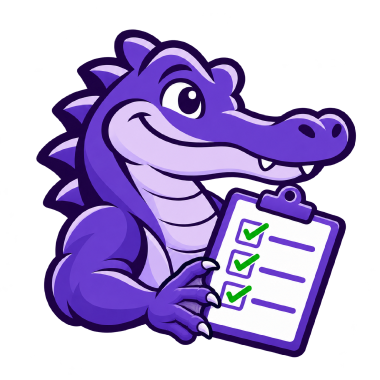 The KEEN Mitigator, a friendly purple alligator holding an auditing checklist