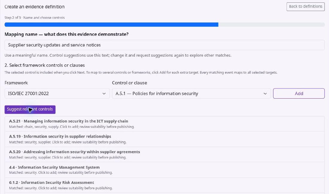 Evidence mapping editor selecting framework controls for an event rule