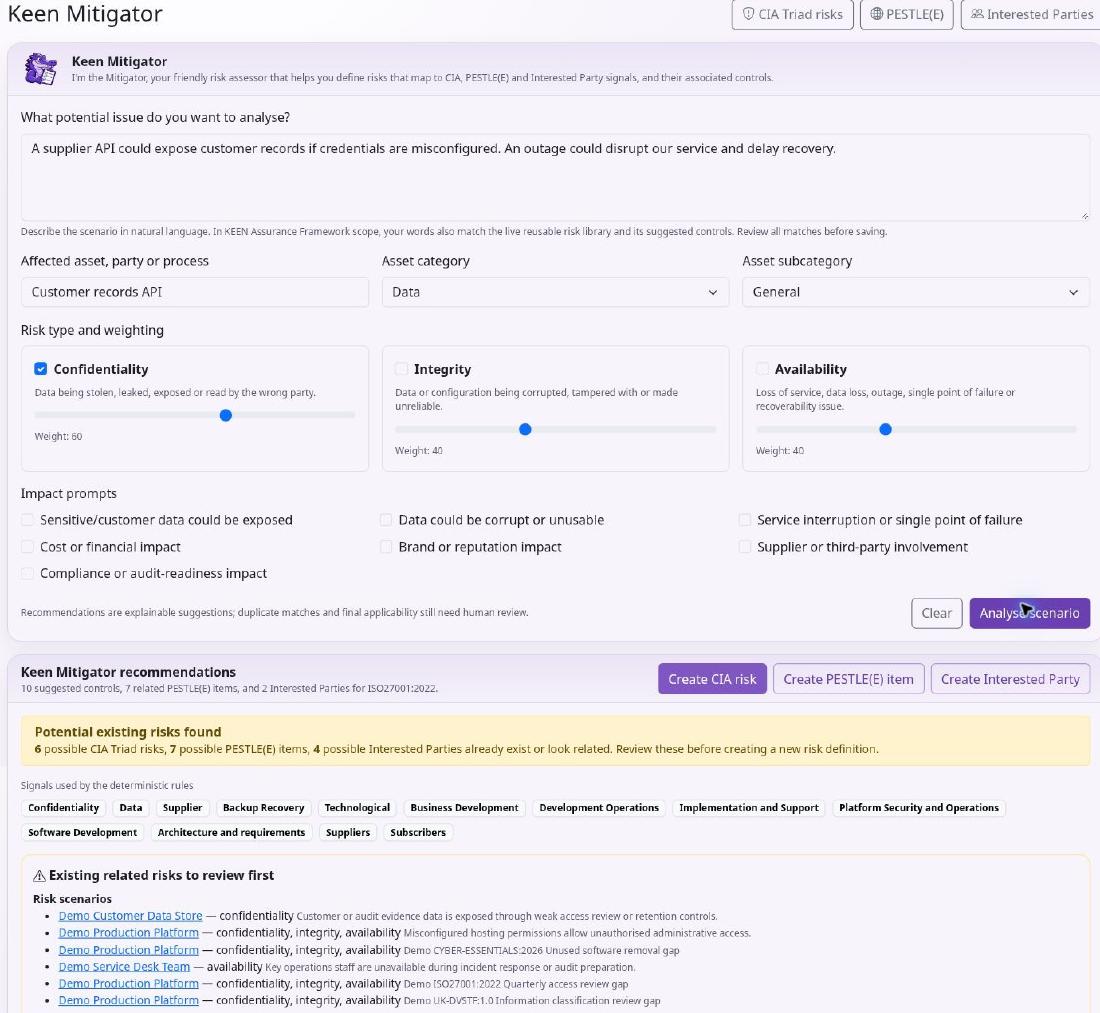 KEEN Mitigator showing a natural-language risk description and suggested risk associations