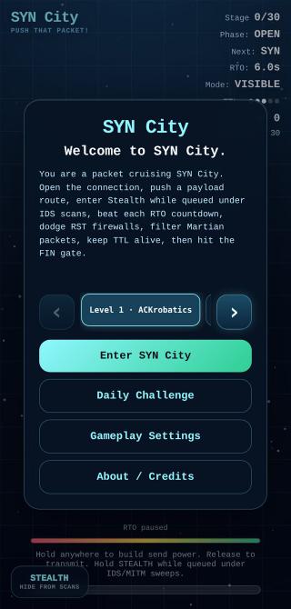 SYN City's level select screen - a neon city skyline with the level picker open