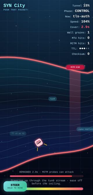 Tunnel Temper Trap - a packet floats through a VPN tunnel, squeeze gates ahead