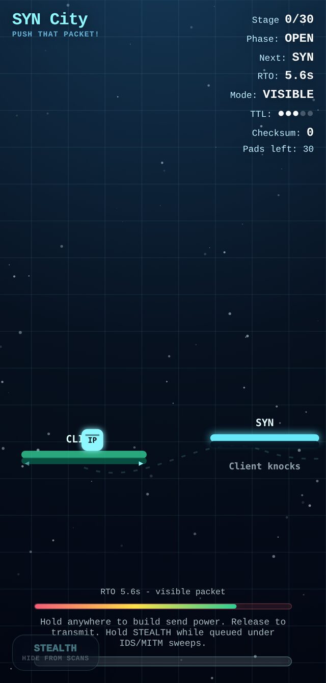 SYN City in play — a packet mid-flight over the city skyline